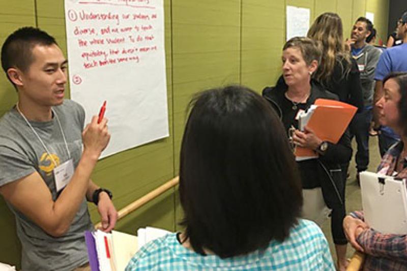 A group of participants discussing on what to put on poster paper.