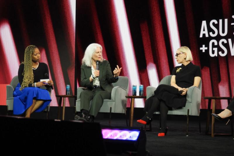 Candace Thille (center), associate professor at the GSE and faculty director of the Adult and Workforce Learning Initiative at the Stanford Accelerator for Learning, speaks at the ASU+GSV summit.