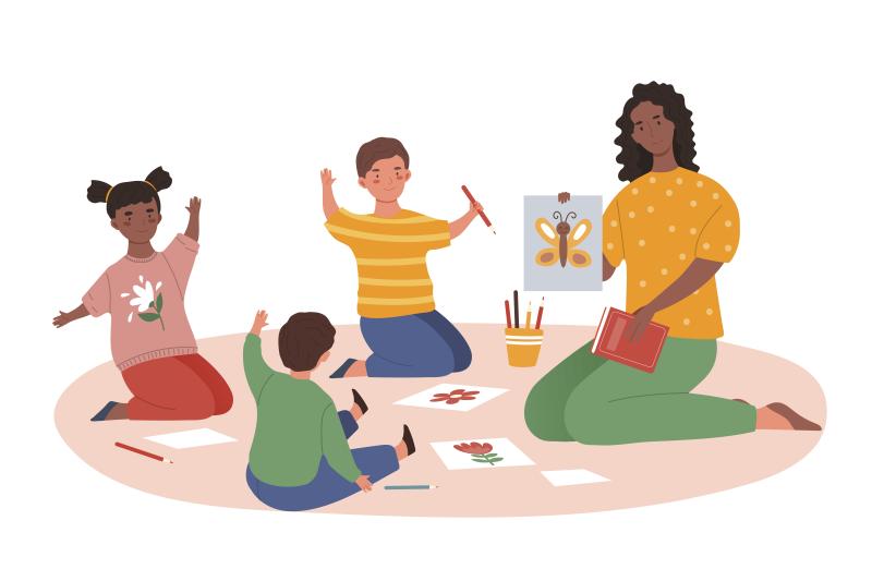 Illustration of a black teacher with students in a circle