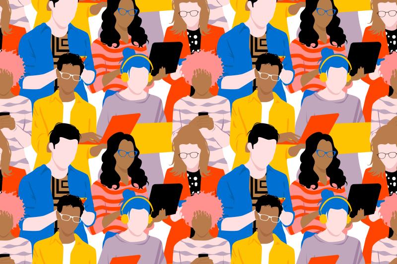 Image of a crowd of twentysomethings looking at phones and devices