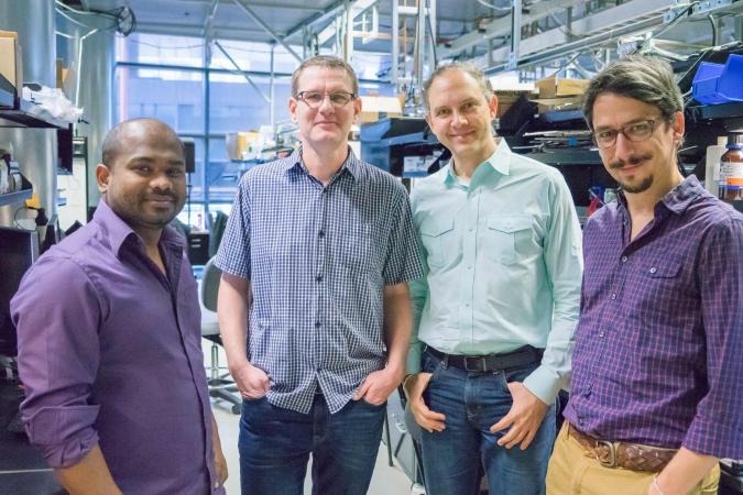 Zahid Hossain, left, Ingmar Riedel-Kruse, Paulo Blikstein and Engin Bumbacher have developed a remotely controlled biology lab f