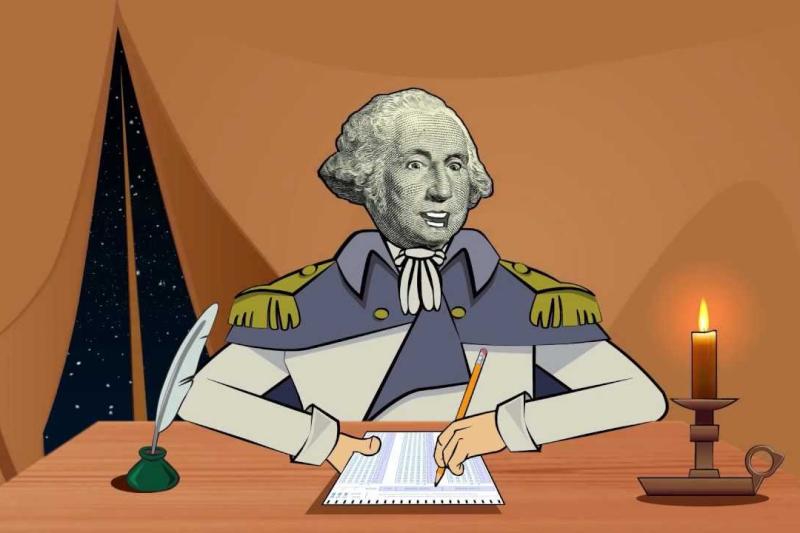 Abstract image of George Washington signing a document