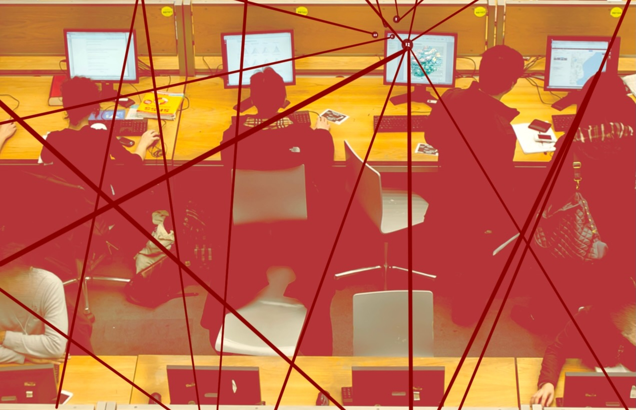 Fragmented illustration of students in a computer lab