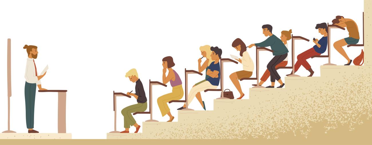 Illustration of lecturer with room full of students