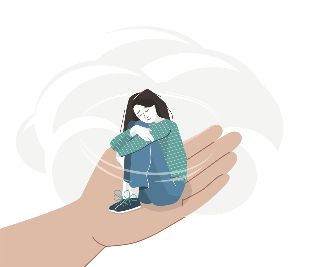 Illustration of a sad young woman in a helpful hand