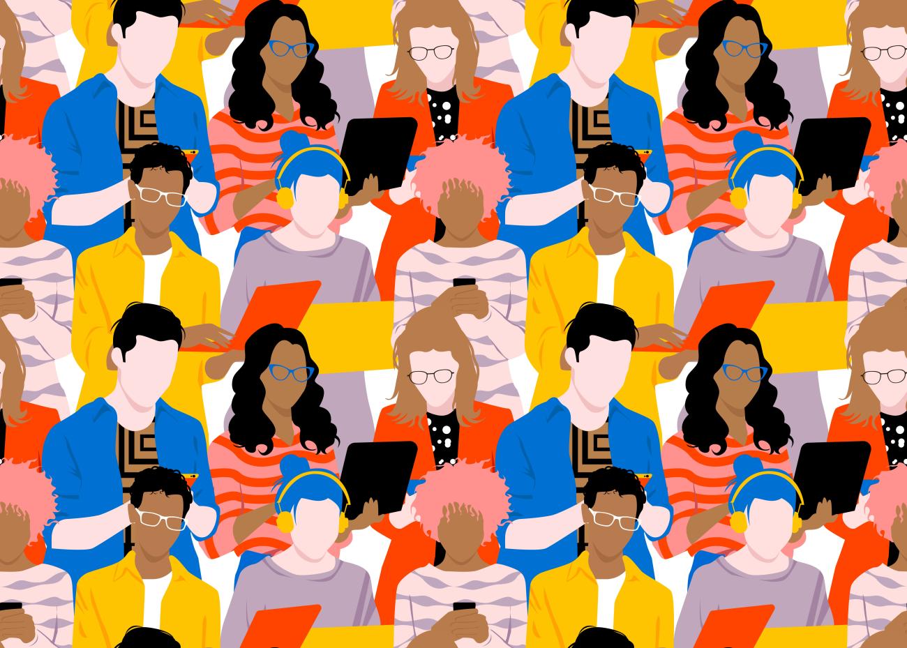 Image of a crowd of twentysomethings looking at phones and devices