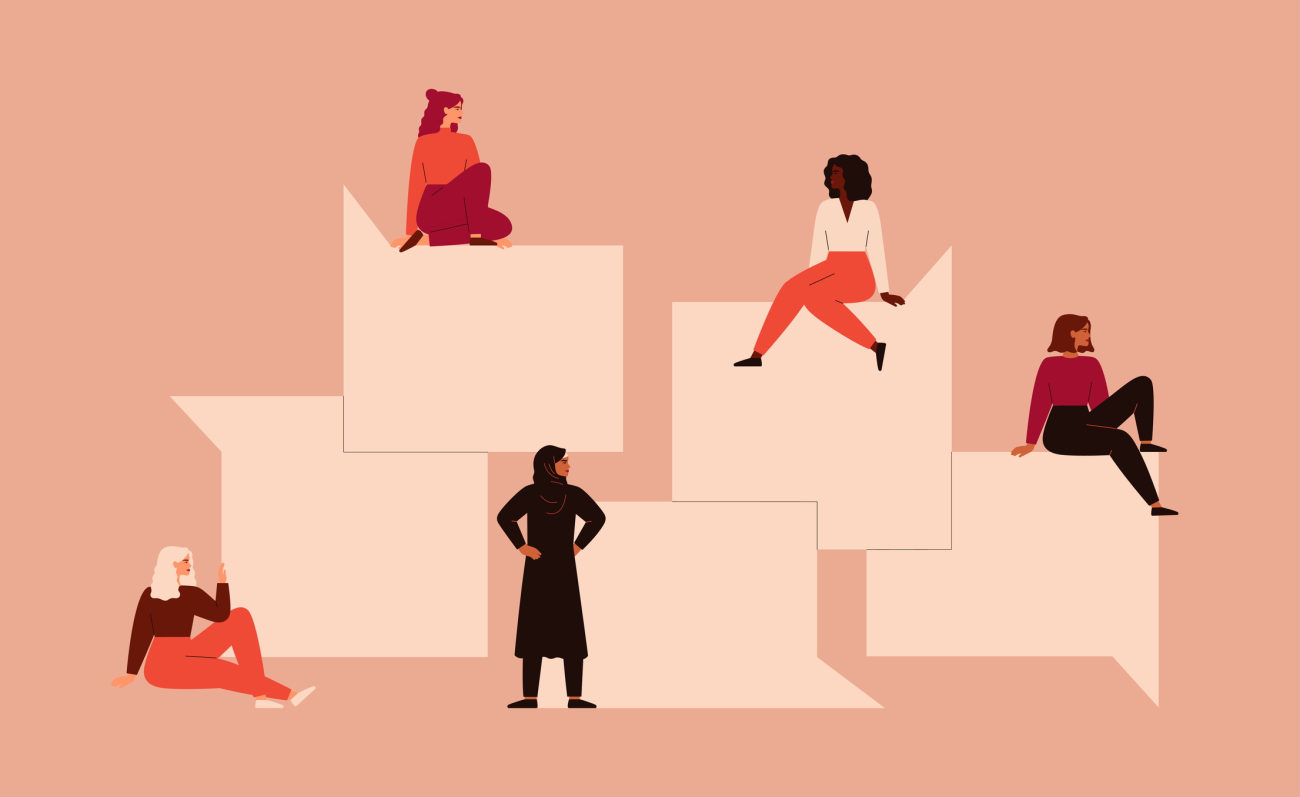 Illustration of women of different cultures sitting on speech bubbles