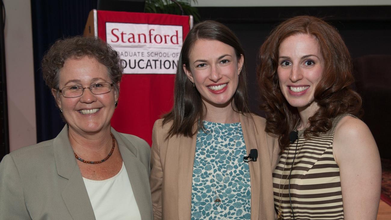 Linda Darling-Hammond, Dana Goldstein and Elizabeth Green pose together before the Cubberley Lecture (Photo: Steve Castillo)